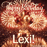 Beautiful animated GIF with the name Lexi showing gold fireworks and helium balloons tied to a red gift.