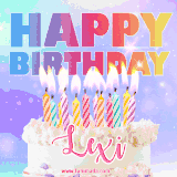 A vibrant animated name GIF with the words 'Happy Birthday Lexi' with colorful candles on a creamy cake. The background sparkles with pastel shades, adding a festive touch.
