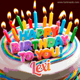 A colorful birthday cake topped with lit candles, with the words 'Happy Birthday Lexi' in bold glowing letters on a burgundy background. Animated flames add a festive touch.