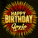 Golden 'Happy Birthday Lexie' text accompanied by animated rainbow fireworks for a festive animated greeting.