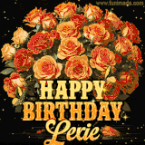Animated bouquet of orange roses with moving butterfles and golden 'Happy Birthday Lexie' text, surrounded by sparkling accents and a dark backdrop for a luxurious feel.