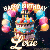 Bright birthday animation for Lexie with a chocolate cake, candles, balloons, and glowing celebratory lights.