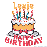 Cartoon birthday cake with a red bow, glowing candles, and 'Lexie Happy Birthday' text in bold animated style.