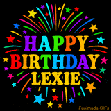 Personalized greeting card with name, colorful text that says 'Happy Birthday Lexie' surrounded by animated fireworks and multicolor stars