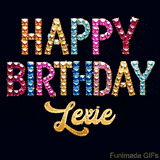 Vibrant luxury birthday greeting card for Lexie, showing glittering gemstone letters and golden calligraphy on a dark background with twinkling shine effects.