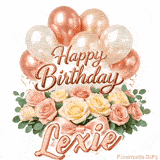 Classy Happy Birthday Lexie looping GIF with pastel balloons and greenery