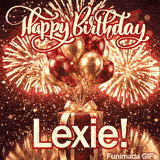 A luxury crimson holiday present wrapped with a golden satin ribbon on a sparkling gold background and name Lexie
