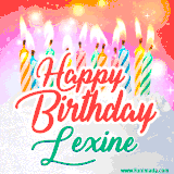 Bright birthday candles with rainbow flames on a cake, alongside the text 'Happy Birthday Lexine' in vibrant script in this celebratory animated GIF.
