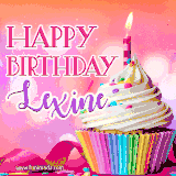 A vibrant birthday GIF featuring a rainbow-colored cupcake topped with white frosting, sprinkles, and a lit candle. The text reads 'Happy Birthday Lexine' in bold pink and violet letters with white outline.