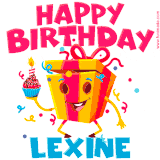 A vibrant and funny gift box character with a happy face dancing with a cupcake and the text 'Happy Birthday Lexine,' surrounded by animated confetti and party vibes.