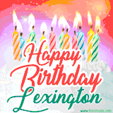 Bright birthday candles with rainbow flames on a cake, alongside the text 'Happy Birthday Lexington' in vibrant script in this celebratory animated GIF.