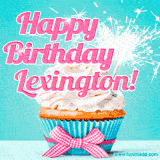 A festive cupcake with pink icing, a gingham bow, and a lit animated sparkler, paired with 'Happy Birthday Lexington!' in bright pink text.