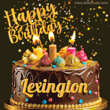 A delightful chocolate birthday cake with bright candles and 'Happy Birthday Lexington' written in gold amidst a shower of animated stars.