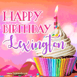A vibrant birthday GIF featuring a rainbow-colored cupcake topped with white frosting, sprinkles, and a lit candle. The text reads 'Happy Birthday Lexington' in bold pink and violet letters with white outline.