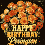 Animated bouquet of orange roses with moving butterfles and golden 'Happy Birthday Lexington' text, surrounded by sparkling accents and a dark backdrop for a luxurious feel.