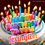 A colorful birthday cake topped with lit candles, with the words 'Happy Birthday Lexington' in bold glowing letters on a burgundy background. Animated flames add a festive touch.