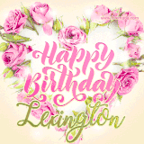 A stunning heart made of pink roses surrounds the elegant script text 'Happy Birthday Lexington' on a soft beige background. Animated sparkles add a magical and festive feel.