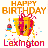 A vibrant and funny gift box character with a happy face dancing with a cupcake and the text 'Happy Birthday Lexington,' surrounded by animated confetti and party vibes.