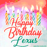 Bright birthday candles with rainbow flames on a cake, alongside the text 'Happy Birthday Lexus' in vibrant script in this celebratory animated GIF.