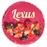 Beautifully decorated red velvet berry birthday cake with vibrant fruits and a glowing 'Lexus' name, adding a touch of sweetness and sparkle.