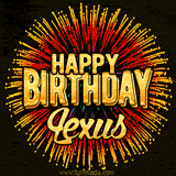 Golden 'Happy Birthday Lexus' text accompanied by animated rainbow fireworks for a festive animated greeting.