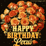 Animated bouquet of orange roses with moving butterfles and golden 'Happy Birthday Lexus' text, surrounded by sparkling accents and a dark backdrop for a luxurious feel.