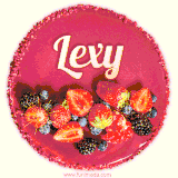 Beautifully decorated red velvet berry birthday cake with vibrant fruits and a glowing 'Lexy' name, adding a touch of sweetness and sparkle.