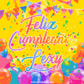 A bright and festive GIF with the text 'Feliz Cumpleaños Lexy' in Spanish in colorful fonts, surrounded by confetti, balloons, and festive banners on a vibrant yellow background.