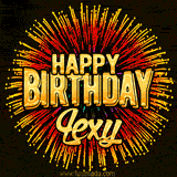 Golden 'Happy Birthday Lexy' text accompanied by animated rainbow fireworks for a festive animated greeting.
