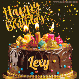 A delightful chocolate birthday cake with bright candles and 'Happy Birthday Lexy' written in gold amidst a shower of animated stars.