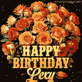 Animated bouquet of orange roses with moving butterfles and golden 'Happy Birthday Lexy' text, surrounded by sparkling accents and a dark backdrop for a luxurious feel.