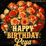 Animated bouquet of orange roses with moving butterfles and golden 'Happy Birthday Leya' text, surrounded by sparkling accents and a dark backdrop for a luxurious feel.