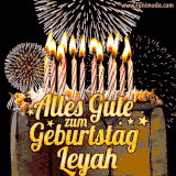 A chocolate birthday cake with glowing candles, the German text 'Alles Gute zum Geburtstag Leyah,' and vibrant fireworks lighting up the background in an animated GIF.