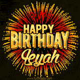 Golden 'Happy Birthday Leyah' text accompanied by animated rainbow fireworks for a festive animated greeting.