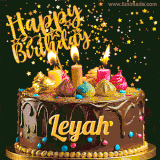A delightful chocolate birthday cake with bright candles and 'Happy Birthday Leyah' written in gold amidst a shower of animated stars.