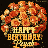 Animated bouquet of orange roses with moving butterfles and golden 'Happy Birthday Leyah' text, surrounded by sparkling accents and a dark backdrop for a luxurious feel.