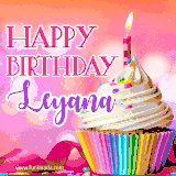 A vibrant birthday GIF featuring a rainbow-colored cupcake topped with white frosting, sprinkles, and a lit candle. The text reads 'Happy Birthday Leyana' in bold pink and violet letters with white outline.
