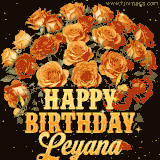 Animated bouquet of orange roses with moving butterfles and golden 'Happy Birthday Leyana' text, surrounded by sparkling accents and a dark backdrop for a luxurious feel.