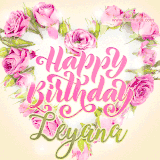 A stunning heart made of pink roses surrounds the elegant script text 'Happy Birthday Leyana' on a soft beige background. Animated sparkles add a magical and festive feel.