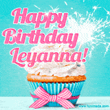 A festive cupcake with pink icing, a gingham bow, and a lit animated sparkler, paired with 'Happy Birthday Leyanna!' in bright pink text.