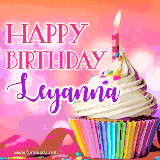 A vibrant birthday GIF featuring a rainbow-colored cupcake topped with white frosting, sprinkles, and a lit candle. The text reads 'Happy Birthday Leyanna' in bold pink and violet letters with white outline.