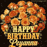 Animated bouquet of orange roses with moving butterfles and golden 'Happy Birthday Leyanna' text, surrounded by sparkling accents and a dark backdrop for a luxurious feel.