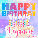 A vibrant animated name GIF with the words 'Happy Birthday Leyanna' with colorful candles on a creamy cake. The background sparkles with pastel shades, adding a festive touch.