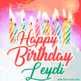 Bright birthday candles with rainbow flames on a cake, alongside the text 'Happy Birthday Leydi' in vibrant script in this celebratory animated GIF.