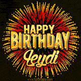 Golden 'Happy Birthday Leydi' text accompanied by animated rainbow fireworks for a festive animated greeting.