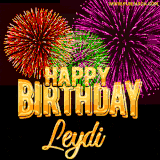A golden 'Happy Birthday Leydi' message with vibrant fireworks in the background, creating a festive and celebratory vibe in this animated name GIF.