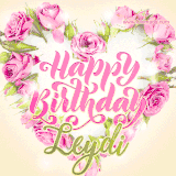 A stunning heart made of pink roses surrounds the elegant script text 'Happy Birthday Leydi' on a soft beige background. Animated sparkles add a magical and festive feel.