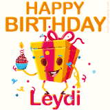A vibrant and funny gift box character with a happy face dancing with a cupcake and the text 'Happy Birthday Leydi,' surrounded by animated confetti and party vibes.