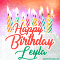 Happy Birthday GIF for Leyla with Birthday Cake and Lit Candles