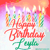 Bright birthday candles with rainbow flames on a cake, alongside the text 'Happy Birthday Leyla' in vibrant script in this celebratory animated GIF.